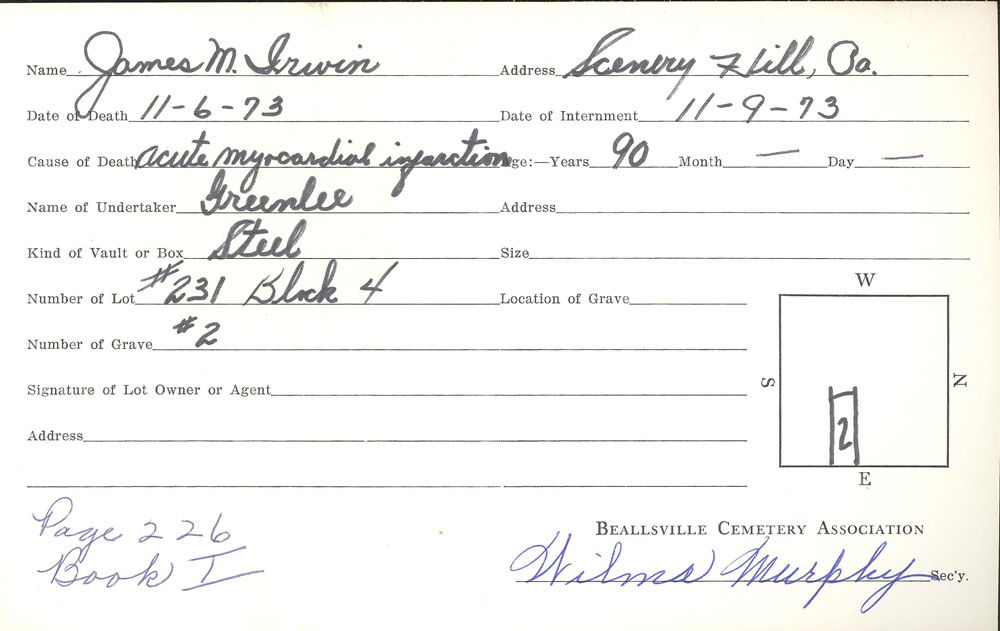 James M. Irwin burial card